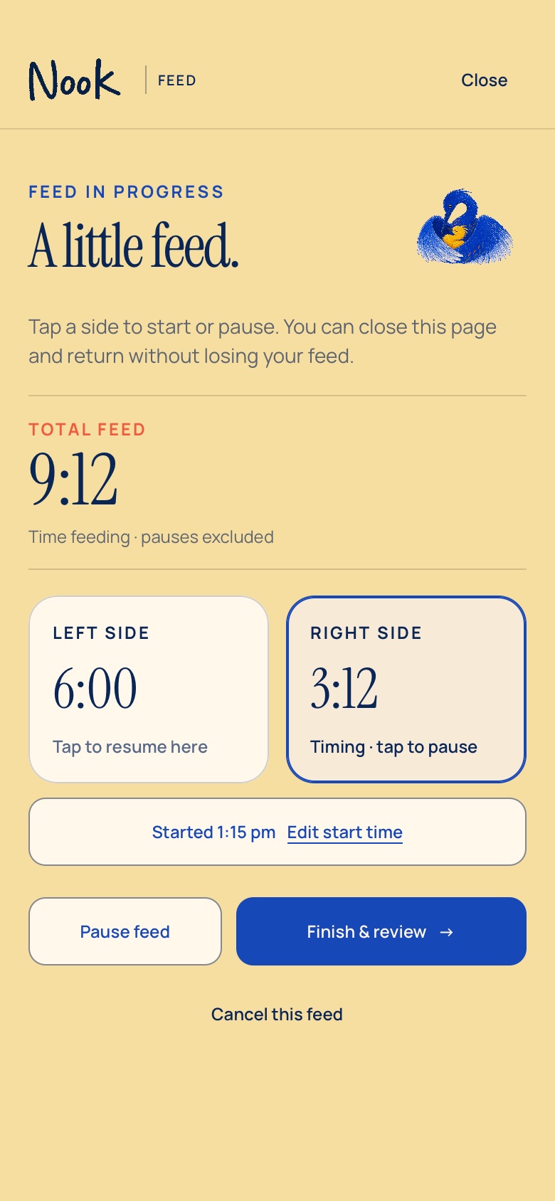 Nook breastfeeding timer showing left and right feeding times with fictional data