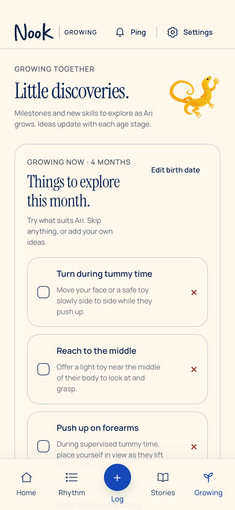 Nook Growing screen showing age-matched things to explore