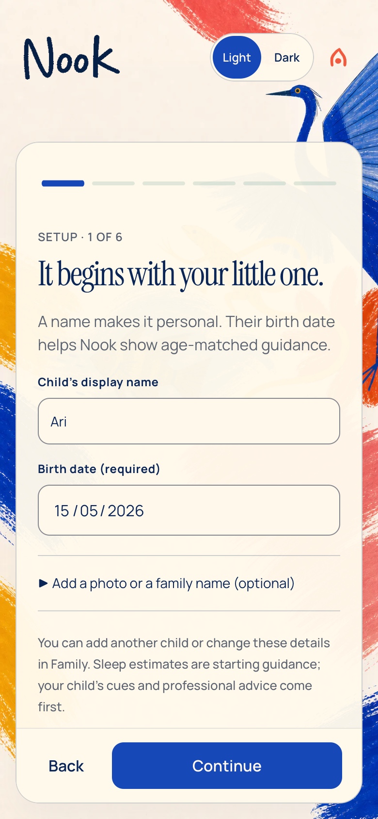 Personal Nook setup with a child's name and an optional profile photo
