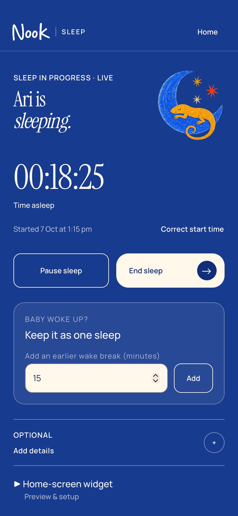 Nook active sleep timer showing time asleep for a fictional child