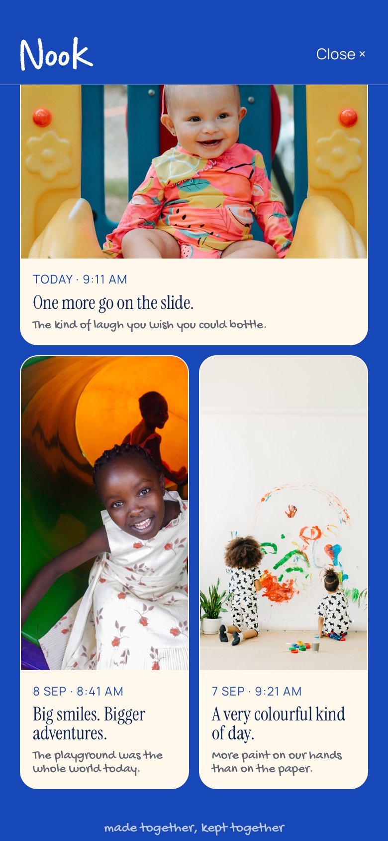 A sample Nook album with bright playground and painting photos