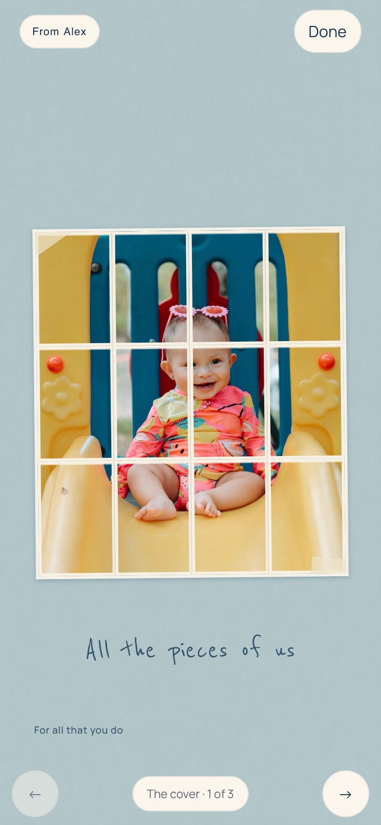 Pieces of one day: a baby on a bright yellow slide, arranged as little photo prints