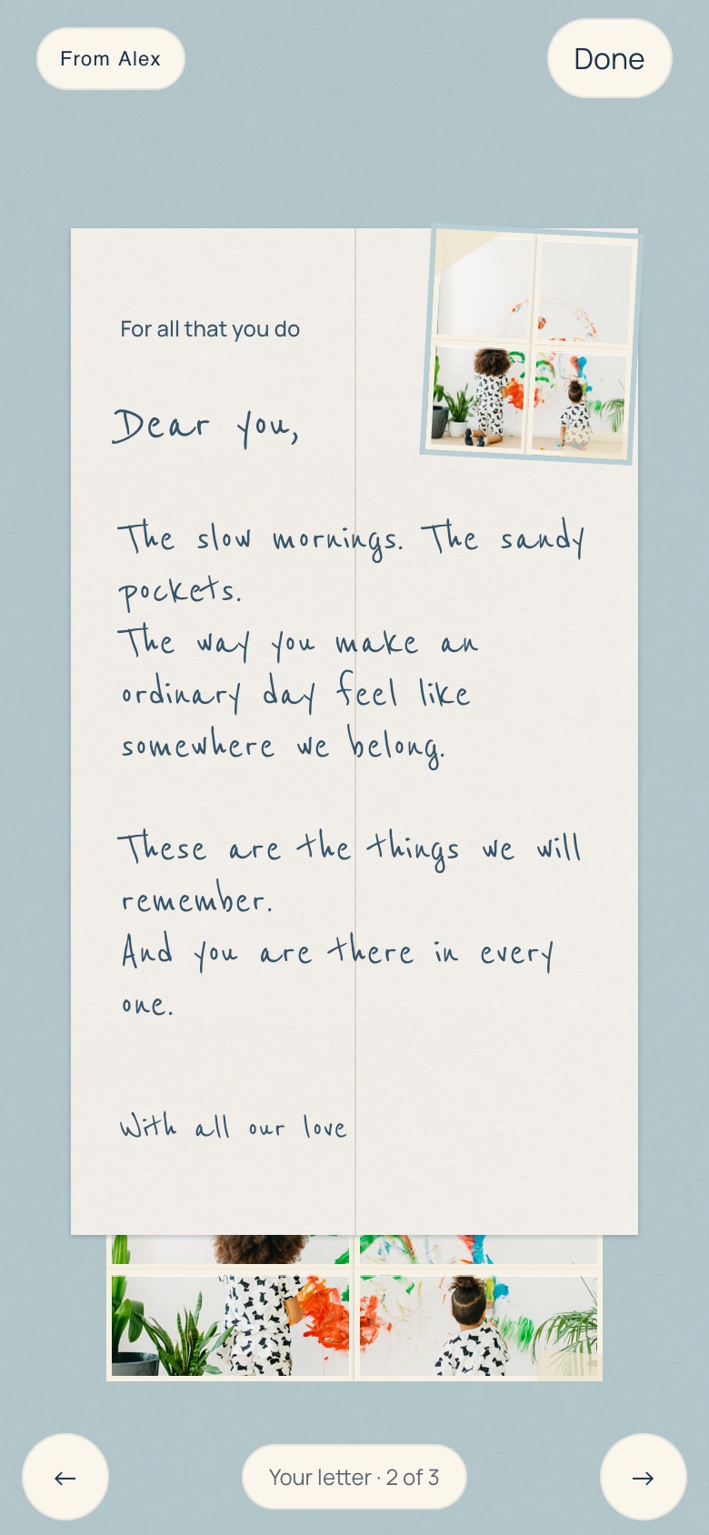 Inside the Pieces of one day card, with a personal letter from Alex
