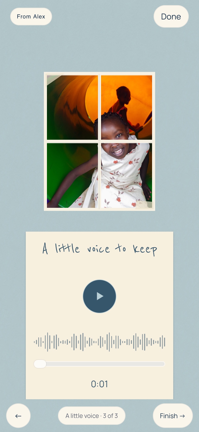 The third page of Pieces of one day: a colourful playground photo and a voice recording