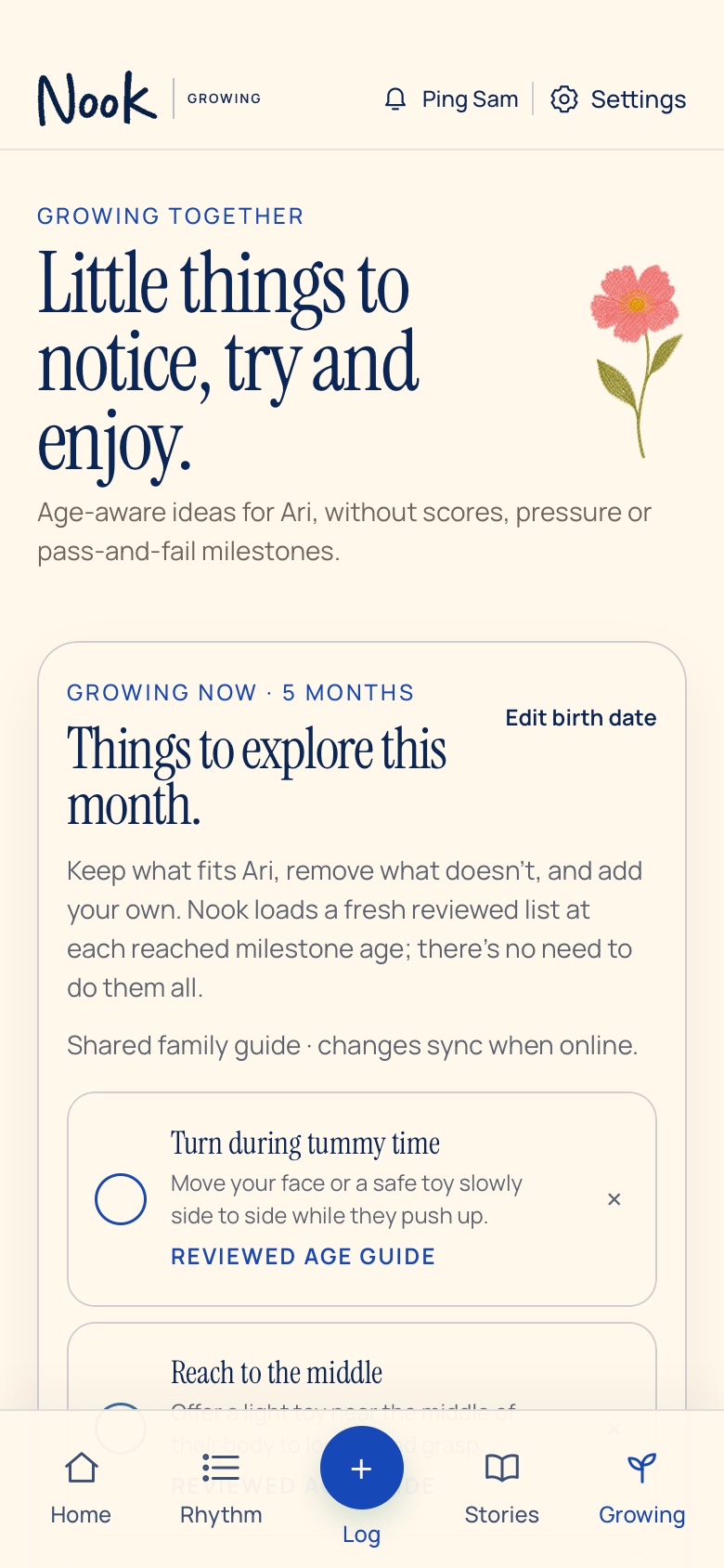 Nook Growing screen showing age-aware ideas without scores