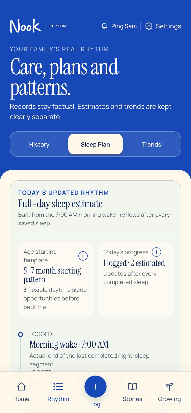 Nook Sleep Plan with factual sleep and estimated timing kept separate