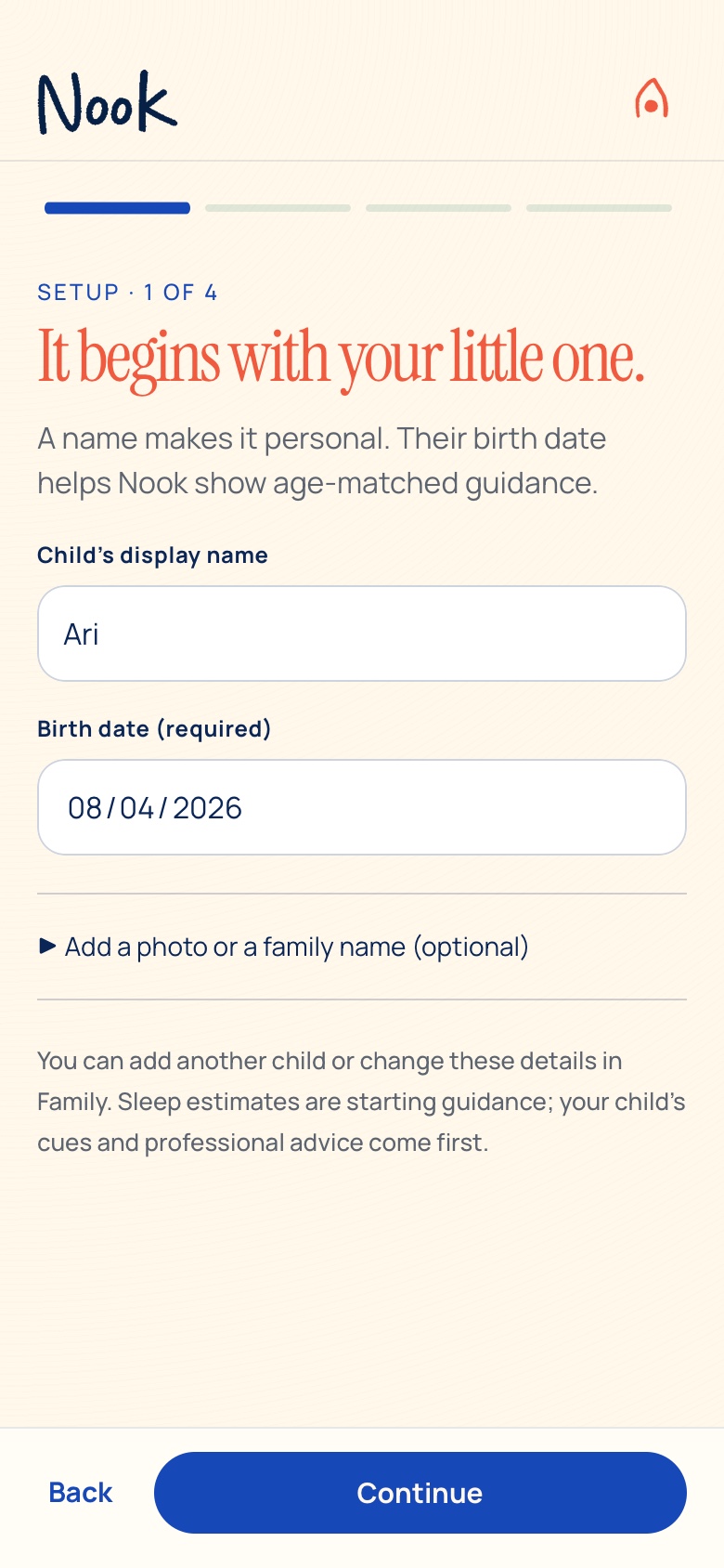 Personal Nook setup with a child's name and an optional profile photo