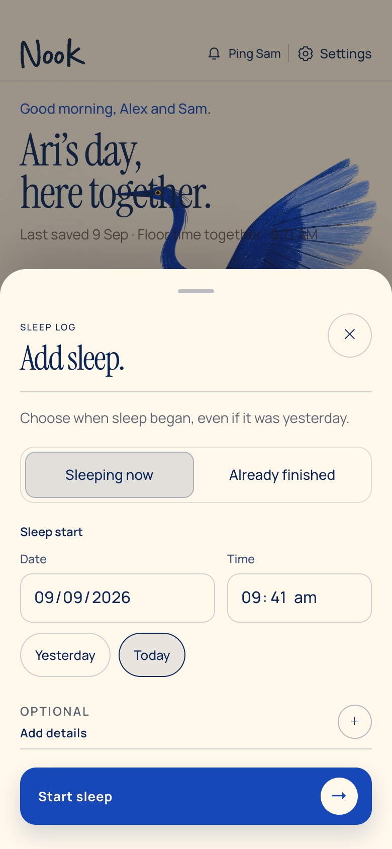 Nook sleep workspace with a live timer for a fictional family